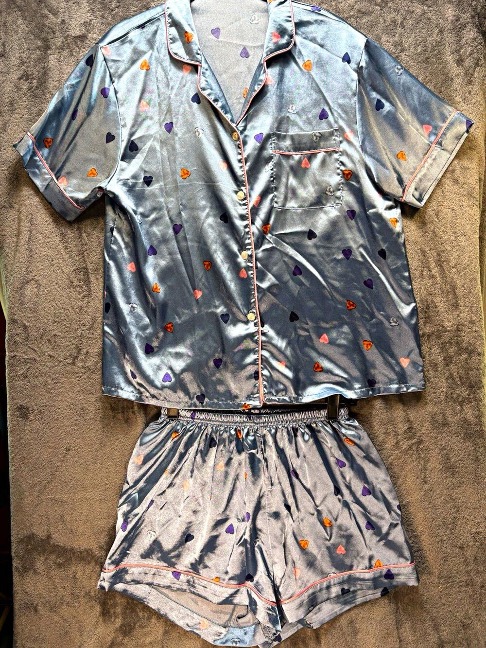 Blue Satin Heart Print Pajama Set Collared Button Front Short Sleeve - M